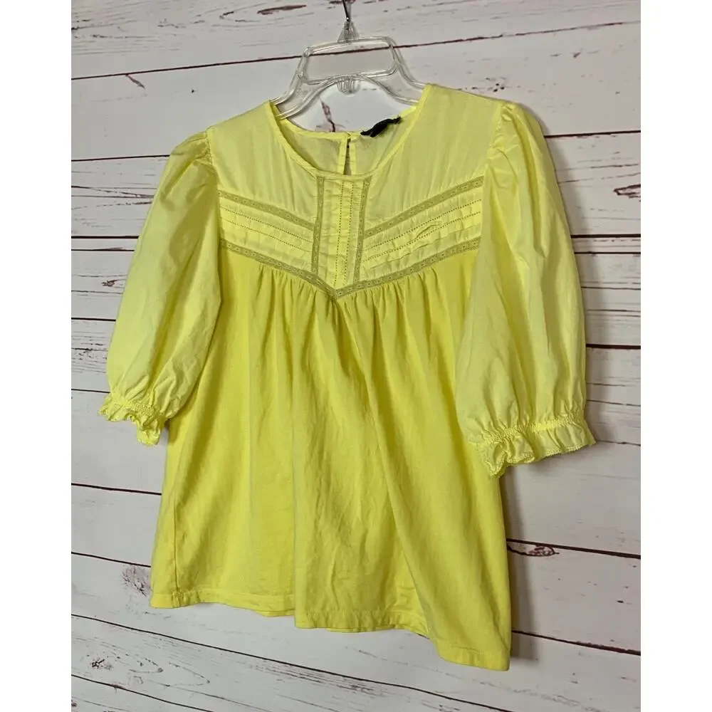 J. Crew Women's M Medium Yellow Lace Puff Short Sleeve Preppy Cotton Top Blouse
